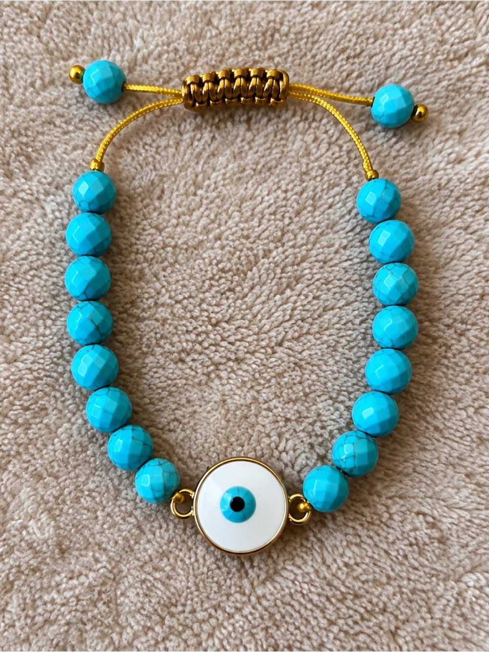 Turquoise Bead Evil Eye Adjustable Bracelet Gold Tone Boho